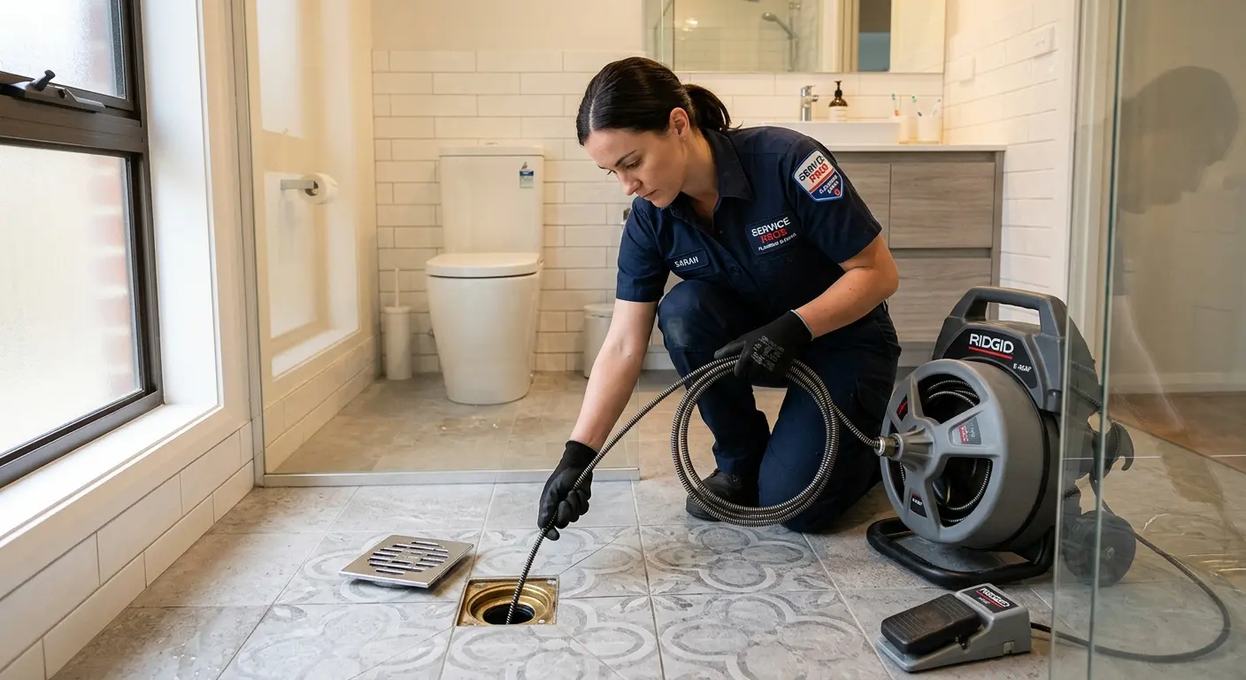 Technician clearing a bathroom floor drain for Clogged Drain Repair in Alexandria